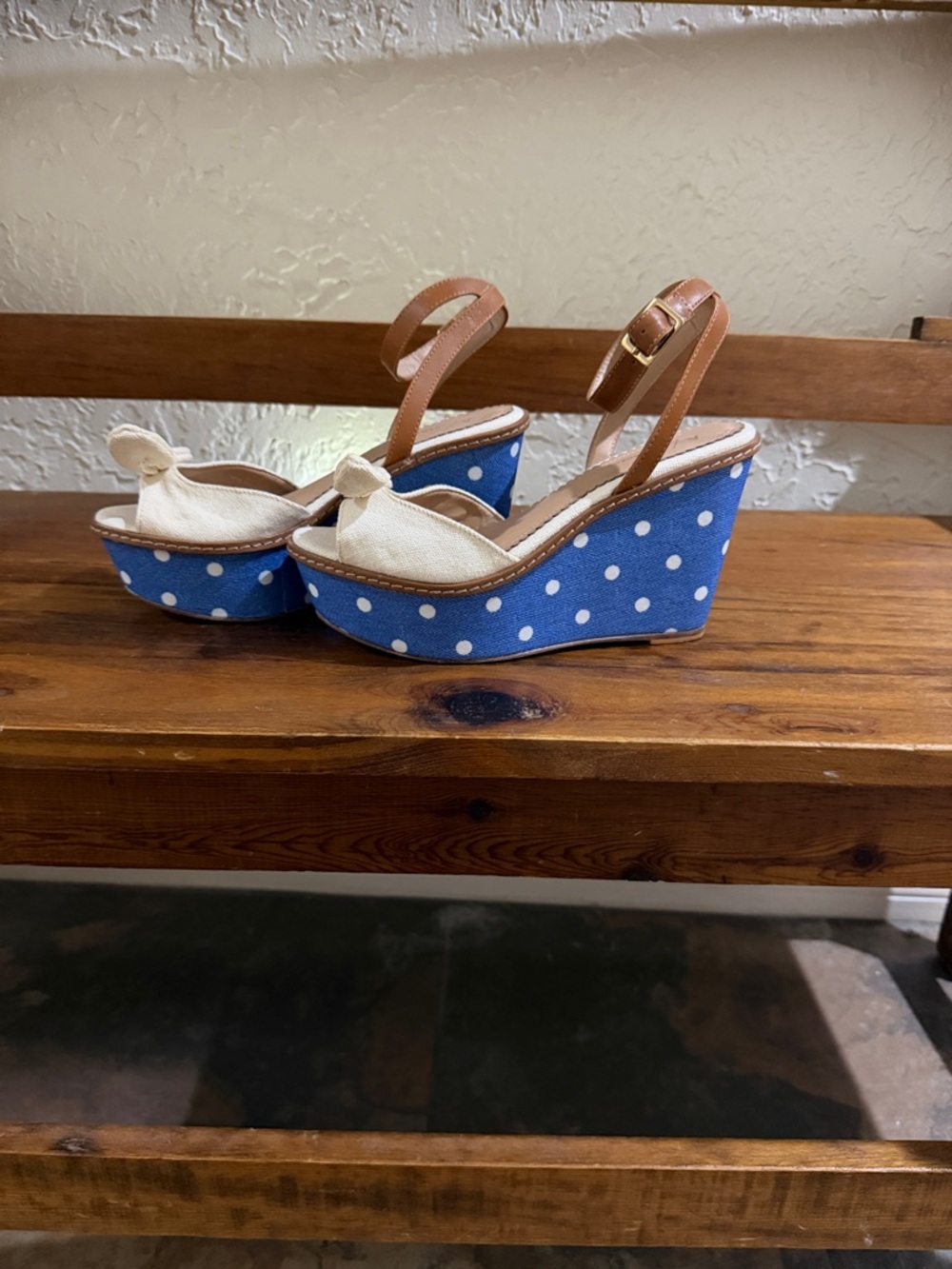Anthropologie Blue Polka Dot Wedge Sandals with Cream Knot Strap and Tan Ankle
